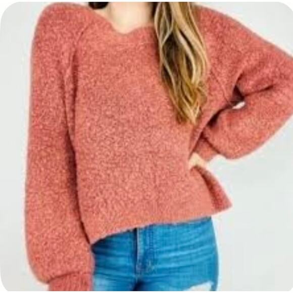 Aerie Wool Blend Textured Boucle Chunky Oversized Crewneck Terracotta Sweater S - Picture 1 of 11